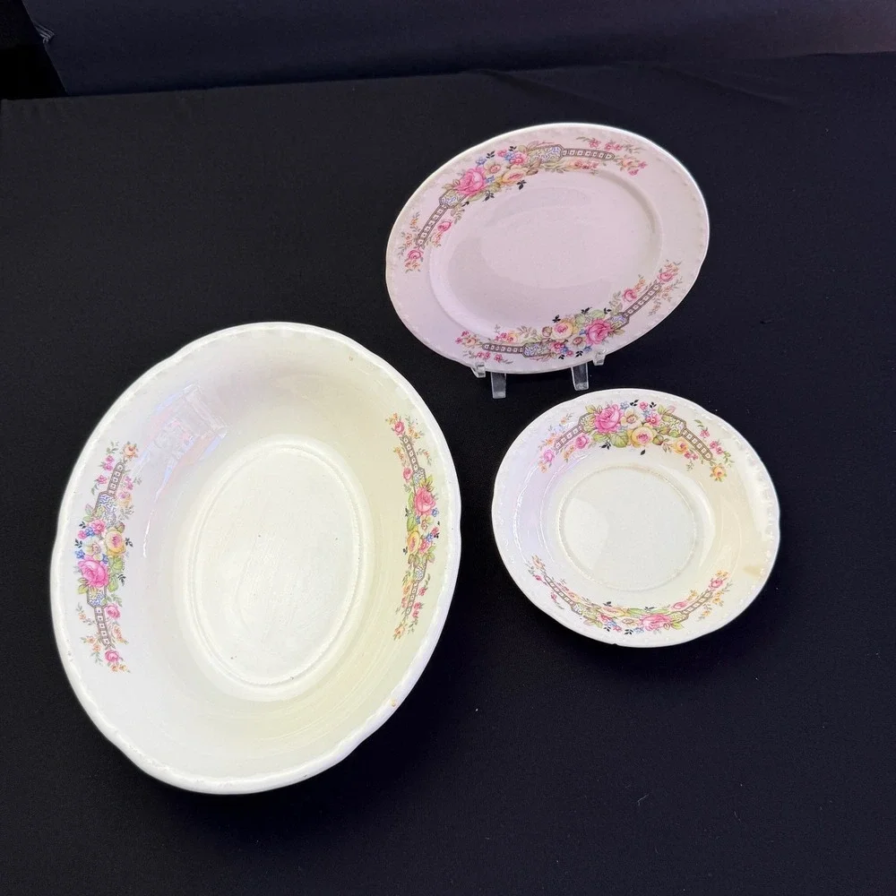 Vintage Crooksville China Co Floral 3pc Set Bowl Plate Saucer 644 Pink Rose USA